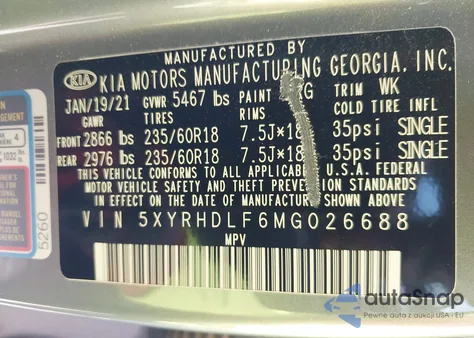 2021 Kia Sorento Ex z USA, uszkodzony, nr VIN 5XYRHDLF6MZ026688